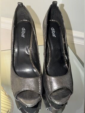 Diba Metallic Gunmetal Peep-Toe Heels